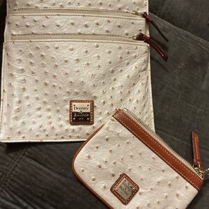 Dooney & Bourke Cream Ostrich Set Triple Zip Crossbody Leather Bag & Wristlet